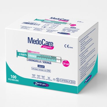 Seringi din doua parti, verzi, volum 20 ml, cu scala extinsa de pana la 24 ml, ac G21, cutie 100 buc